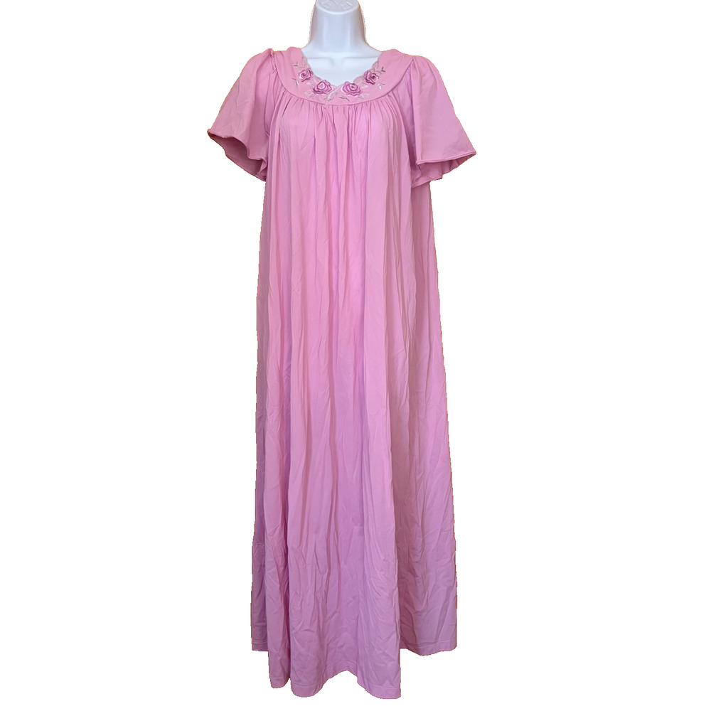 Vintage Shadowline Pink Petals Nightgown - Size L - Maxi Flutter Princess